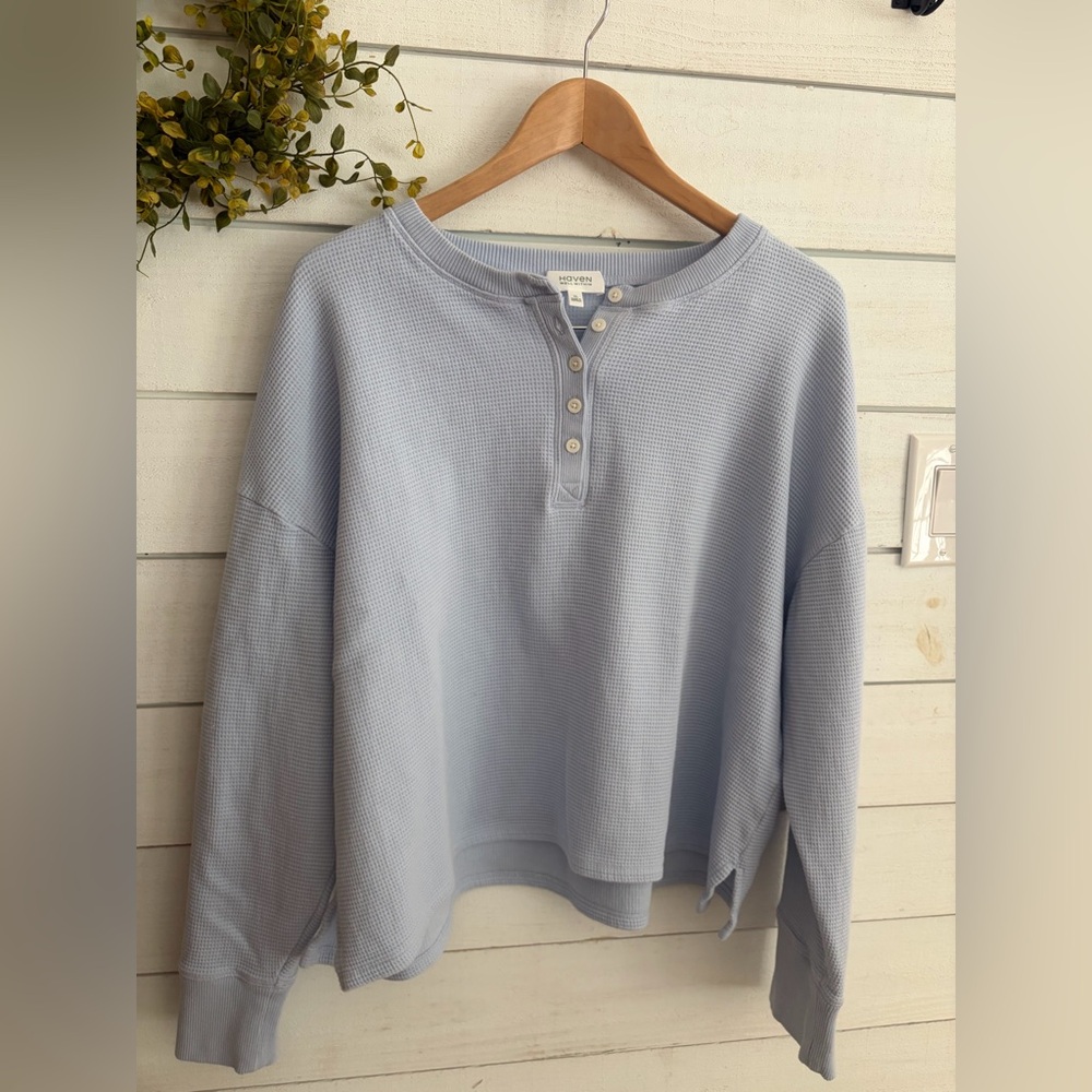 Haven well within organic cotton women’s waffle knit Henley spring sky blue cozy